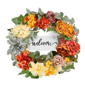 Artificial Decorative Wreath, 24 in, Red Orange Yellow, Decorated with Hydrangeas, Roses, Wooden Sign
