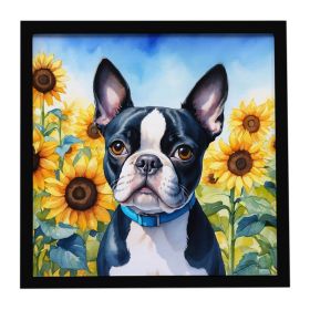 Boston Terrier in Sunflowers Framed Metal Print Bathroom, Kitchen, Office, Home Decor Wall Art Ready to Hang, Square, 8X8