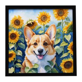 Corgi in Sunflowers Framed Metal Print Bathroom, Kitchen, Office, Home Decor Wall Art Ready to Hang, Square, 8X8