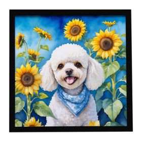 White Poodle in Sunflowers Framed Metal Print Bathroom, Kitchen, Office, Home Decor Wall Art Ready to Hang, Square, 8X8