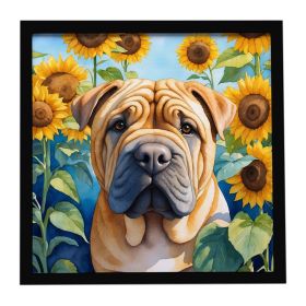 Shar Pei in Sunflowers Framed Metal Print Bathroom, Kitchen, Office, Home Decor Wall Art Ready to Hang, Square, 8X8