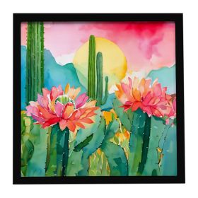 Arizona Saguaro Cactus Blossom in Watercolor Framed Metal Print Bathroom, Kitchen, Office, Home Decor Wall Art Ready to Hang, Square, 8X8