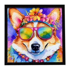 Corgi Hippie Dawg Framed Metal Print Bathroom, Kitchen, Office, Home Decor Wall Art Ready to Hang, Square, 8X8