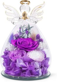 Gifts for Mom Birthday Gifts for Women Preserved Rose Forever Flower in Glass Angel Figurines Fresh Flowers for Delivery Anniversary Mothers Day (Color: A-purple (Rose, Austin, Baby's Breath, Hydrangea))